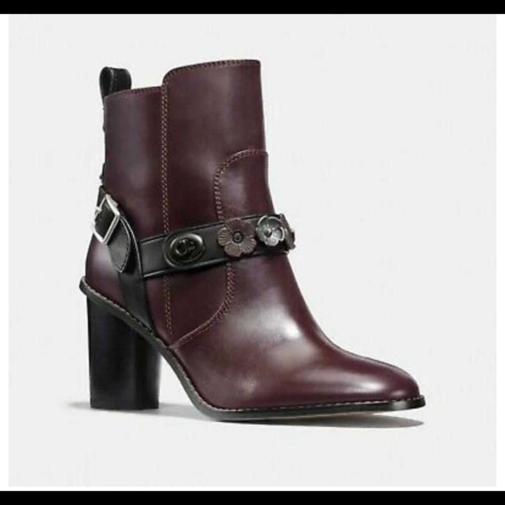 Coach Oxblood/Black Moto Bootie Heel with Floral Detail Tearose Womens Sz 9.5 - Picture 2 of 8